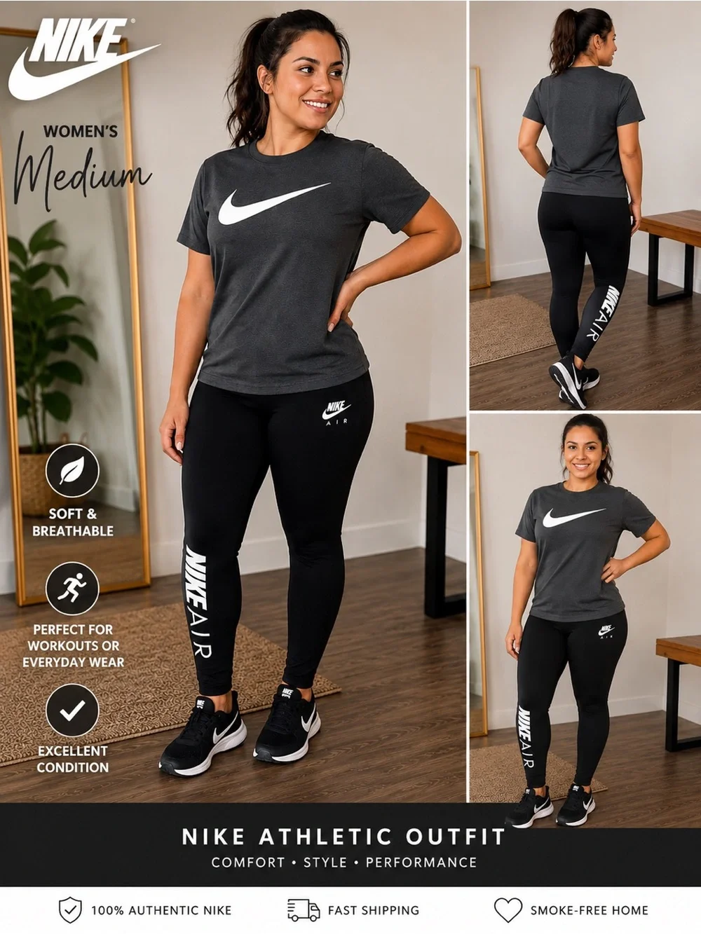 Nike Air Black & Charcoal Women's Athletic Leggings and Tee Set